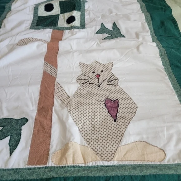 𝅺Cat and Bird Quilt Shades Of Green Cottage Core